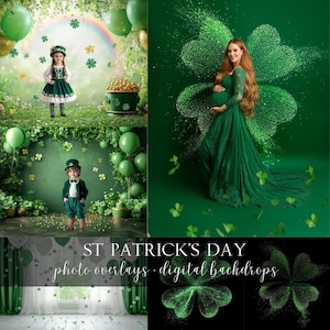 May include: Digital backgrounds and overlays for St. Patrick's Day featuring green shamrocks, a rainbow, and green balloons.  The text "St. Patrick's Day photo overlays - digital backdrops" is displayed at the bottom of the image.