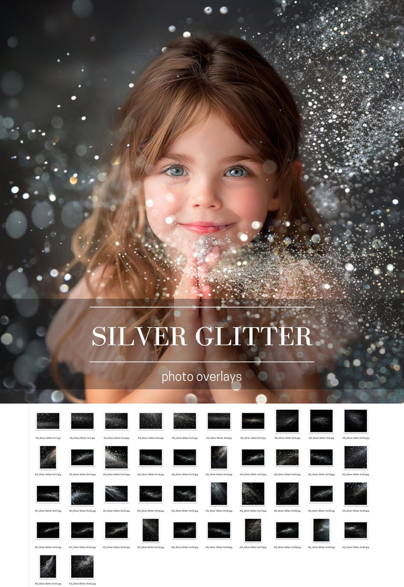 May include: A set of 48 silver glitter photo overlays. The overlays are on a black background and feature various sizes and shapes of glitter. The overlays are perfect for adding a touch of sparkle to your photos.