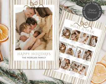 What Year Christmas Card Template, Christmas Bow Stripe Family Photo Card, Editable Canva Happy Holidays Template, Digital Download