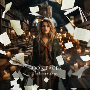 May include: A woman with long blonde hair stands in a dimly lit room with candles and books. The text "BOOK PAGES photo overlays" is visible in the image.
