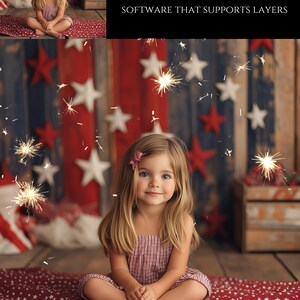 May include: A young girl wearing a red and white gingham dress sits on a red and white star patterned blanket in front of a red, white, and blue star patterned backdrop.  Sparkling lights are scattered throughout the image.  The text "APPLY IN PHOTOSHOP CC CANVA APP PHOTOPEA OR ANY OTHER SOFTWARE THAT SUPPORTS LAYERS" is at the top of the image.  The text "4TH OF JULY SPARKLERS OVERLAYS" is at the bottom of the image.