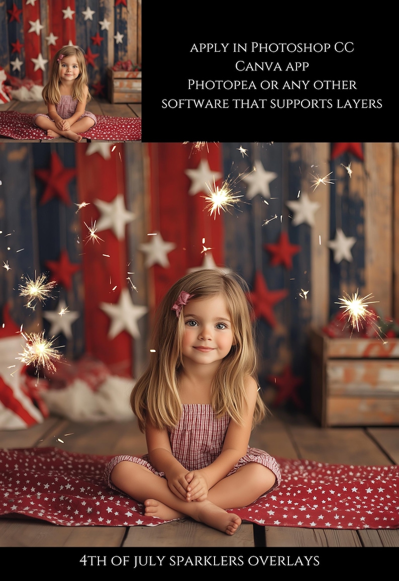 May include: A young girl wearing a red and white gingham dress sits on a red and white star patterned blanket in front of a red, white, and blue star patterned backdrop.  Sparkling lights are scattered throughout the image.  The text "APPLY IN PHOTOSHOP CC CANVA APP PHOTOPEA OR ANY OTHER SOFTWARE THAT SUPPORTS LAYERS" is at the top of the image.  The text "4TH OF JULY SPARKLERS OVERLAYS" is at the bottom of the image.