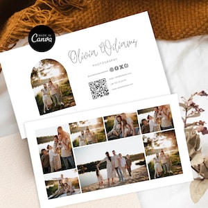 Modelo de cartão de visita fotográfico para fotógrafos, código QR, modelo Canva, cartão de visita horizontal, folheto de marketing