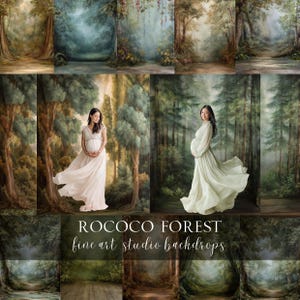 May include: A collection of Rococo Forest fine art studio backdrops. The backdrops feature painted forest scenes with trees, foliage, and soft lighting. Two women in flowing gowns are featured in front of the backdrops. The backdrops are designed for photography.