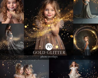 70 Gold Glitter Photo Overlays, Bokeh Backdrop, Composite Photography (Digital Download)