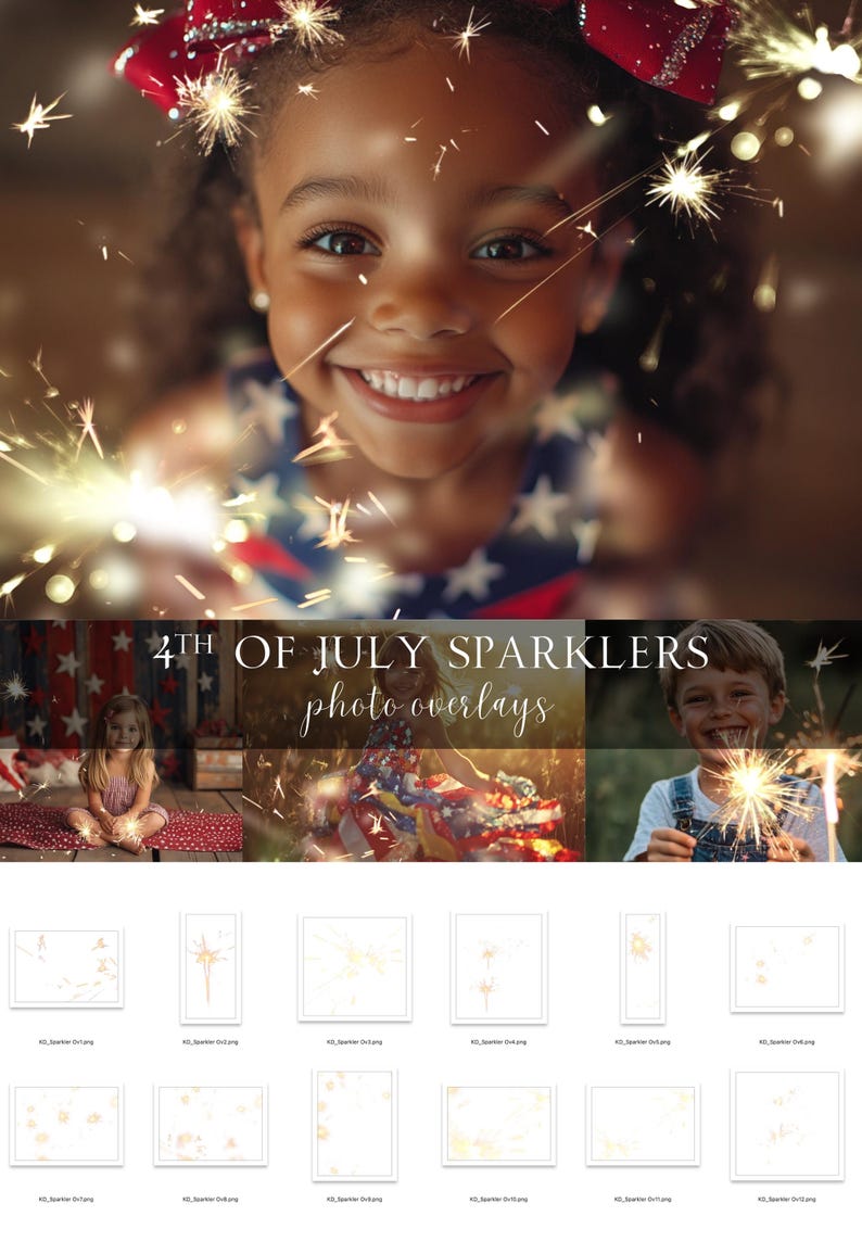 May include: A set of 12 digital overlays featuring sparkling fireworks in various arrangements. The overlays are perfect for adding a festive touch to photos taken on the 4th of July or other patriotic celebrations.