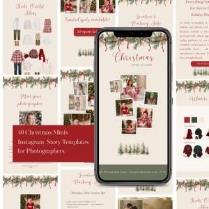 May include: A smartphone displaying a Christmas mini session Instagram story template featuring a festive pine branch border with red ribbons, a collage of children in holiday attire, and a row of pine trees on a cream background with red text.