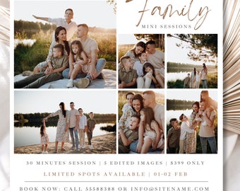 Könnte beinhalten: Eine Collage aus Fotos, die Familienportraits im Freien zeigen. Der Text "Family Mini Sessions" befindet sich oben im Bild. Der Text "30 Minutes Session | 5 Edited Images | 399€ Only" befindet sich unten im Bild. Der Text "Limited Spots Available | 01-02 Feb" befindet sich unter dem vorherigen Text. Der Text "Book Now: Call 55588388 or info@sitename.com" befindet sich ganz unten im Bild.