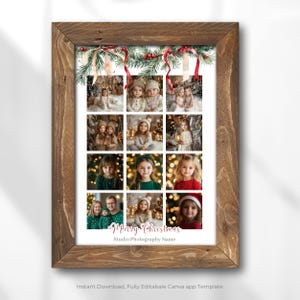 Pu&ograve; includere: Un modello di collage fotografico di Natale con un bordo festivo di ghirlanda verde e nastro rosso. Il modello ha 12 spazi per foto quadrati e il testo "Buon Natale" con spazio per il nome dello studio fotografico.