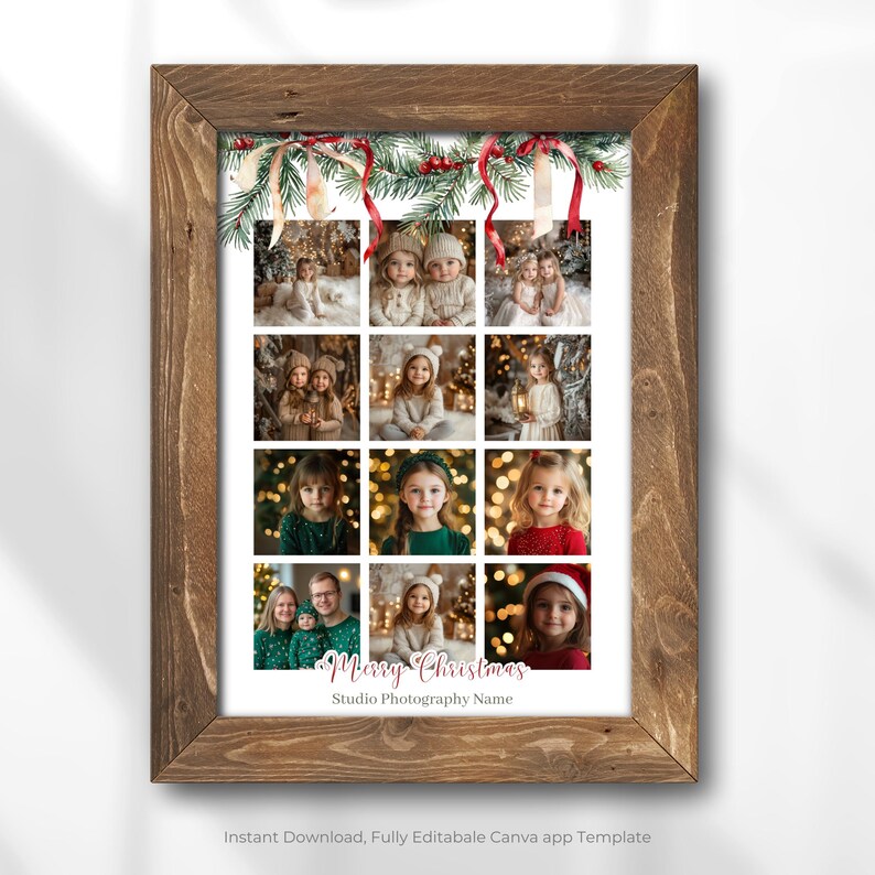 Pu&ograve; includere: Un modello di collage fotografico di Natale con un bordo festivo di ghirlanda verde e nastro rosso. Il modello ha 12 spazi per foto quadrati e il testo "Buon Natale" con spazio per il nome dello studio fotografico.