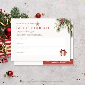 Modello di buono regalo per fotografia natalizia, buono regalo modificabile, modello di buono regalo, buono per sessione fotografica, certificato stampabile