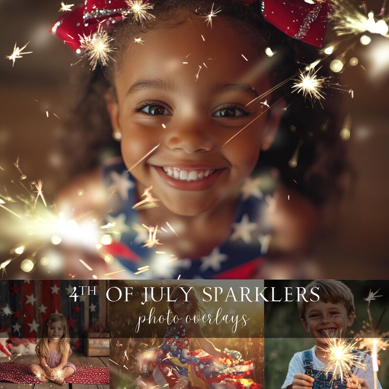 May include: A set of digital photo overlays featuring sparkling fireworks. The overlays are perfect for adding a festive touch to your 4th of July photos.