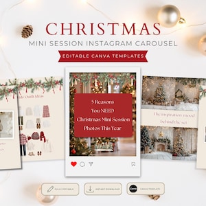 Könnte beinhalten: Ein Set bearbeitbarer Canva-Vorlagen für ein Instagram-Karussell für Weihnachts-Mini-Sessions. Das Design umfasst cremefarbene Hintergründe, roten Text und festliche Tannenzweig-Grafiken. Die Vorlagen enthalten Layouts für Outfit-Ideen, Fotopräsentationen und Textfelder mit Titeln wie 5 Reasons You NEED Christmas Mini Session Photos This Year.