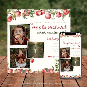 May include: A digital photography marketing template featuring watercolor apple illustrations and three photo placeholders. The text reads Photography Studio Name, Apple orchard mini sessions, booking now, 30 min, 10 digital images, online gallery, print release, and includes social media icons and a QR code.