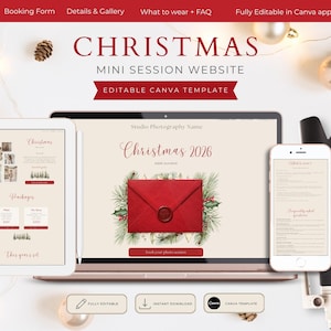 Website-Vorlage für Weihnachts-Mini-Shootings, bearbeitbare Canva-Buchungsseite (Rot & Grün)