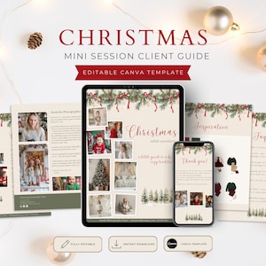 Op de afbeelding: Een sjabloon voor een kerst mini-sessie klantengids met een tablet en smartphone die pagina's tonen met dennentakken, rode linten en fotocollages. Het ontwerp bevat tekstkoppen zoals Christmas, Inspiration en Tags.