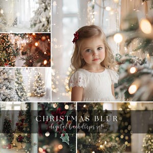 Könnte beinhalten: Ein Set digitaler Hintergründe mit einer verschwommenen Weihnachtsszene mit funkelnden Lichtern und einem schneebedeckten Weihnachtsbaum. Der Text "Christmas Blur digital backdrops set" ist auf dem Bild zu sehen.