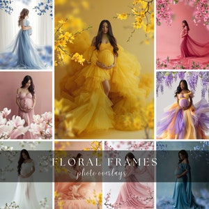 Spring Floral Frame Overlays for Composite Photography, Maternity Backdrop Overlays, Blurred Flower Branch PNG Overlays
