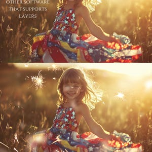 May include: A young girl wearing a red, white, and blue dress with stars spins in a field. Sparkly overlays are added to the image to create a 4th of July theme. The text "4HT OF JULY SPARKLERS OVERLAYS" is at the bottom of the image.
