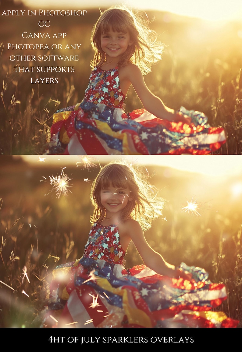 May include: A young girl wearing a red, white, and blue dress with stars spins in a field. Sparkly overlays are added to the image to create a 4th of July theme. The text "4HT OF JULY SPARKLERS OVERLAYS" is at the bottom of the image.