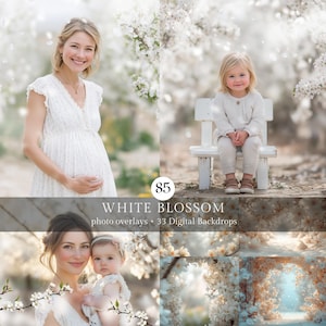 85 weiße Blüte Photoshop Overlays, Frühling Blumenrahmen, digitale Kulissen, Fotografie zusammengesetzte Overlays BUNDLE, unscharfer Blumenzweig