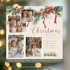 Puede incluir: Un folleto de mini sesión de Navidad con un fondo beige y una ilustración de acuarela de una guirnalda de ramas de pino con bayas rojas y cinta roja. El folleto incluye cuatro fotos de niños en diferentes entornos con temática navideña. El texto del folleto dice "Christmas mini session", "30 mins session", "5 edited images", "online gallery", "print release", "Studio Photography Name info@studioname.com | 55 555 555" y "Instant Download, Fully Editable Canva app Template".