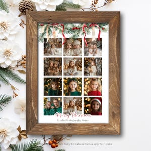 Pu&ograve; includere: Un modello di collage fotografico natalizio con una ghirlanda festosa di rami di pino e nastri rossi. Il modello ha 16 quadrati per le foto e il testo "Buon Natale" e "Nome dello studio fotografico".