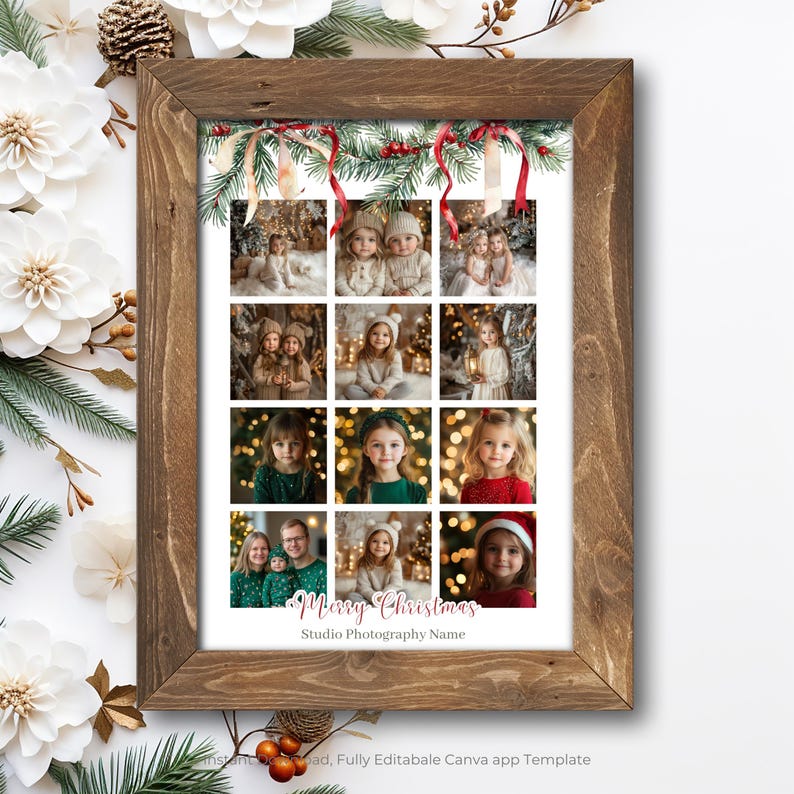 Pu&ograve; includere: Un modello di collage fotografico natalizio con una ghirlanda festosa di rami di pino e nastri rossi. Il modello ha 16 quadrati per le foto e il testo "Buon Natale" e "Nome dello studio fotografico".