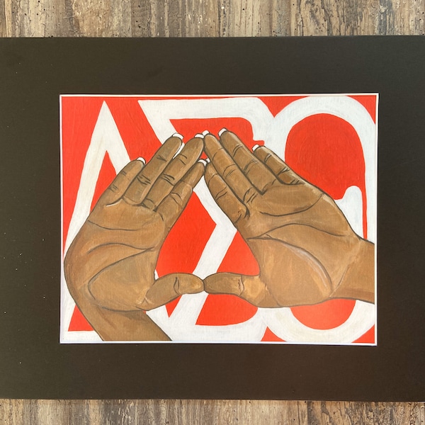 Delta Sigma Theta hand sign print red and white sorority art matted backing board plastic bag LaCroix Artistry