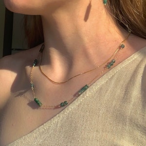 Wynna | Dainty Moss Agate Necklace | Layered Chain with Gemstones | Handmade Crystal Jewelry | Gold Filled or Sterling Silver Chain