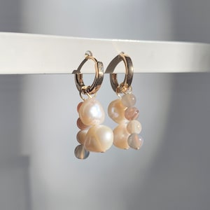Gianna | Gold Filled Crystal and Freshwater Pearl Huggies | Small Minimalist Gemstone Hoop Earrings | Hypoallergenic Sterling Silver Jewelry