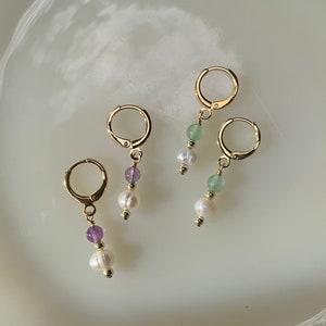 Taylor Earrings | Small Gold Filled Freshwater Pearl and Gemstone Huggie Earrings | Handmade Stainless Steel Jewelry | Hypoallergenic