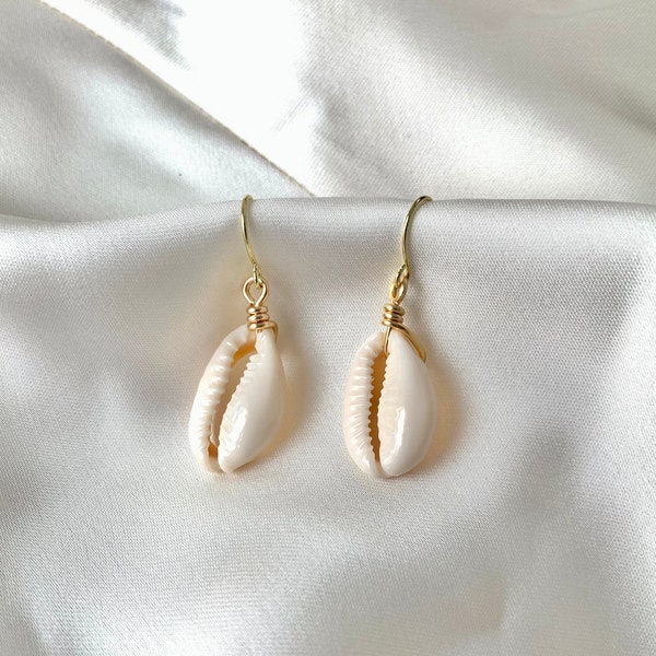 Arya | Gold Filled Cowrie Shell Dangle Earrings | Wire Wrapped Seashell Earrings | Gold Puka Shell Jewelry | Hypoallergenic Handmade Jewelry