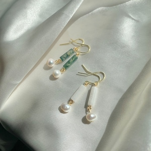 Rectangular Crystal and Freshwater Pearl Earrings | Hypoallergenic Healing Stone Earrings | Handmade Gold Filled Sterling Silver Jewelry