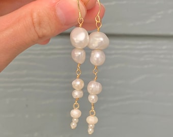 Polly Ann | Chunky Freshwater Pearl Bridal Earrings | Long Handmade Baroque Pearl Wedding Earrings | Hypoallergenic Jewelry for Brides