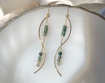 Winnie | Wavy Moss Agate Dangle Earrings | Handmade Gold Filled Wire Jewelry with Crystals | Unique Wedding Earrings