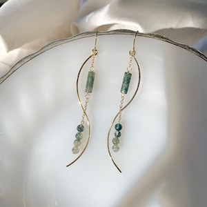 Winnie | Wavy Moss Agate Dangle Earrings | Handmade Gold Filled Wire Jewelry with Crystals | Unique Wedding Earrings