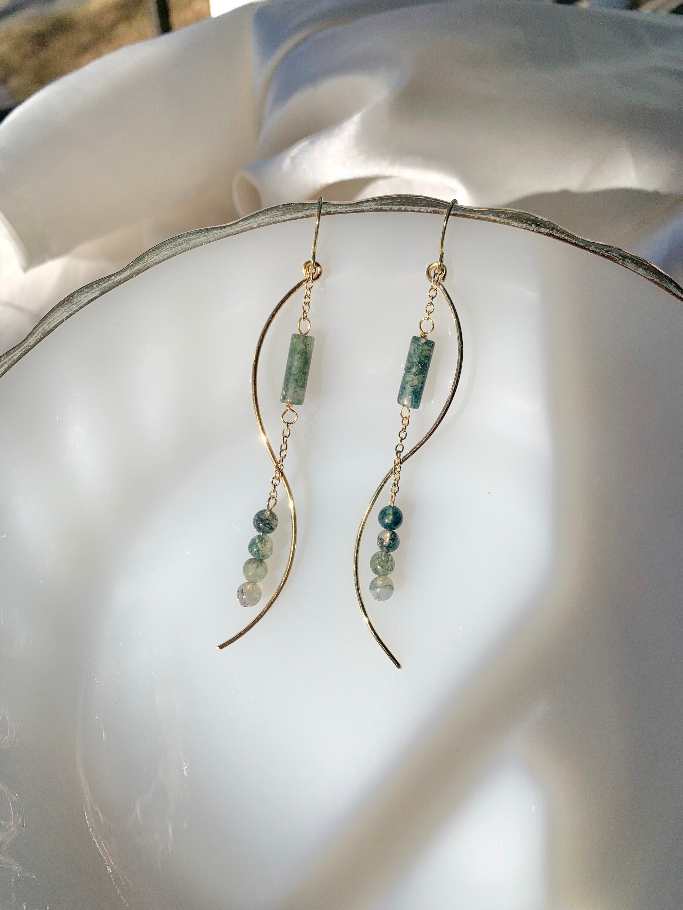 Winnie Earrings | Wavy Moss Agate Dangle Earrings | Handmade Gold Filled Wire Jewelry with Crystals | Unique Bridal Jewelry for Bridesmaids
