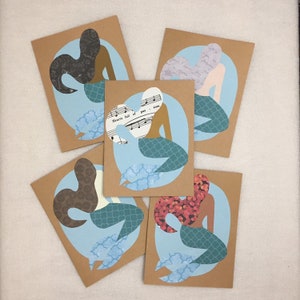 Set of 5 - BLANK GREETING CARDS - Classic Mermaids - Assorted Hair Colours - Birthday, Anniversary, Thank You, Congratulations