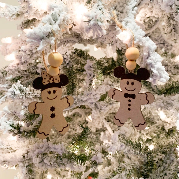 Mickey and Minnie Gingerbread Engraved Wooden Ornaments