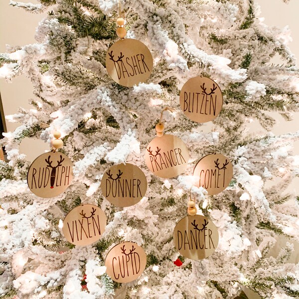 Santa's 9 Reindeer Engraved Wooden Ornaments