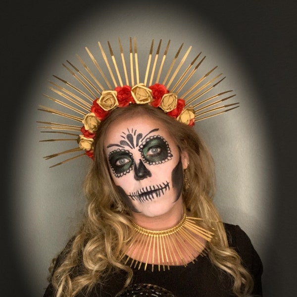 Gold headpiece crown halo spikes with gold and red flowers - dia de los muertos, halloween, sugar skull, Queen, day of the dead, photoshoots