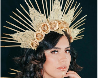 Gold Spiked Crown Headpiece: Floral Lace Queen Headband
