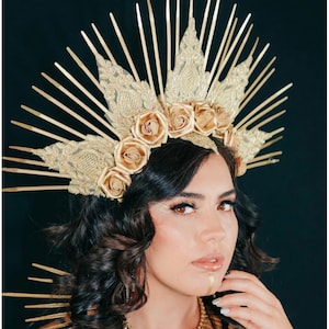 Gold spiked crown headpiece with flowers and lace - Queen, festival, gothic, dia de los muertos, halloween, photoshoots, birthday, maternity