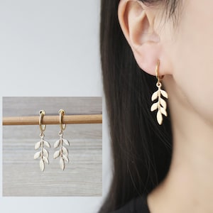 1 pair Gold leaf hoop clip on earrings, non pierced earrings, dangle and drop earrings, Minimalist earrings, adorable earrings, gift for her