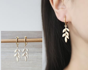 1 pair Gold leaf hoop clip on earrings, non pierced earrings, dangle and drop earrings, Minimalist earrings, adorable earrings, gift for her