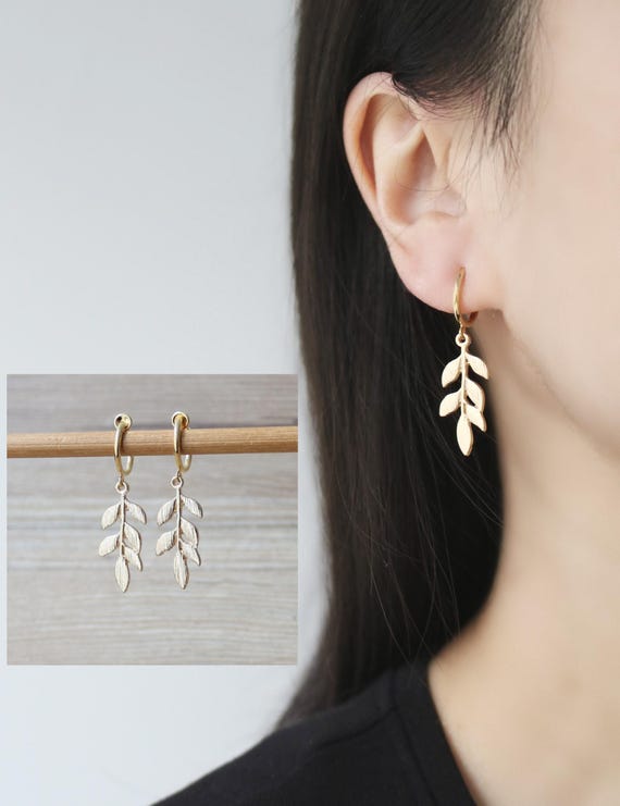 1 pair Gold leaf hoop clip on earrings, non pierced earrings, dangle and drop earrings, Minimalist earrings, adorable earrings, gift for her