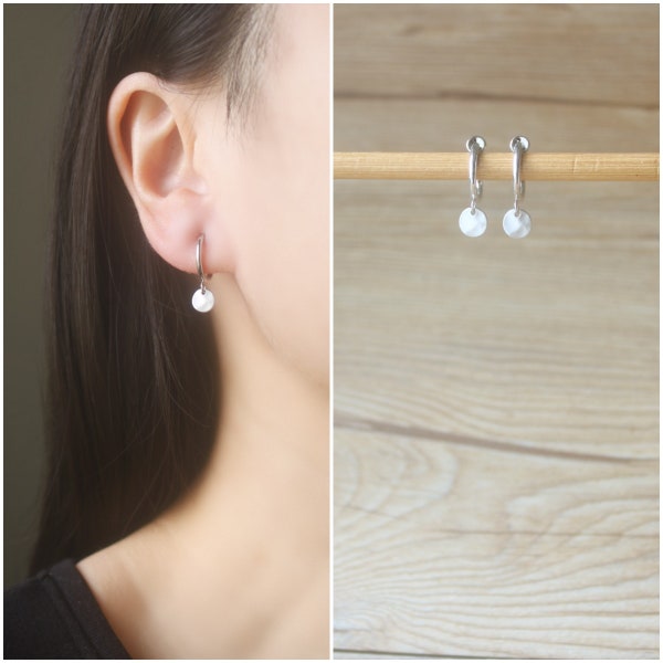 1 pair Matte Silver tiny coin hoop clip on earrings, non pierced earrings, dangle and drop earrings, Minimalist earrings, gift for her