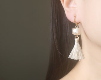 Ivory tassel Cream square Crystal gold hoop clip on earrings, non pierced earrings, dangle & drop earrings, boho earrings, gift for her