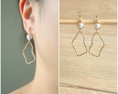 Gold irregular charm with pearl connector invisible resin clip on earrings, non pierced earrings, dangle and drop earrings, clip on earrings